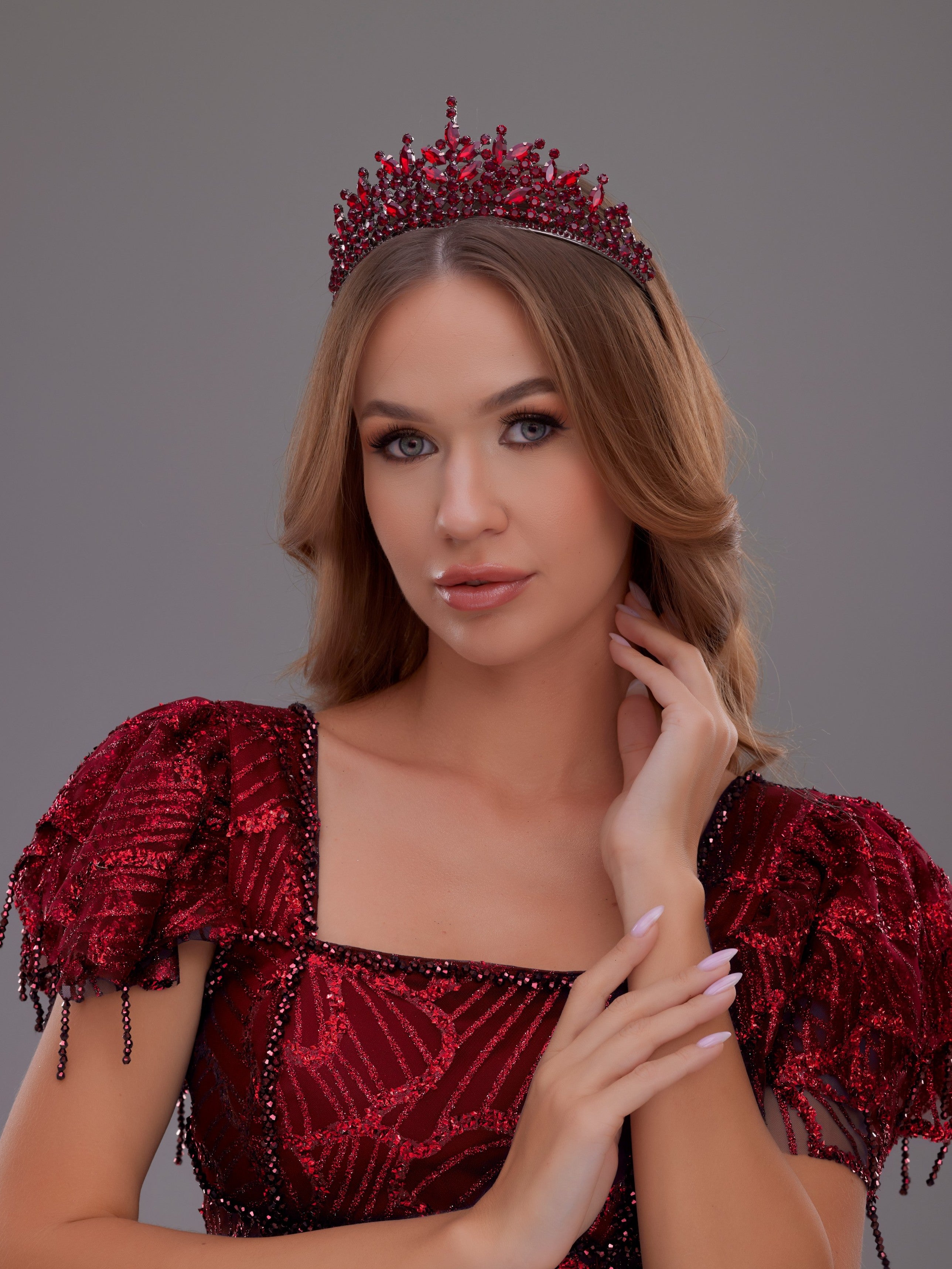 Bridal Crown - Crystal Stone Metal Crown | Gold and Red Color Options