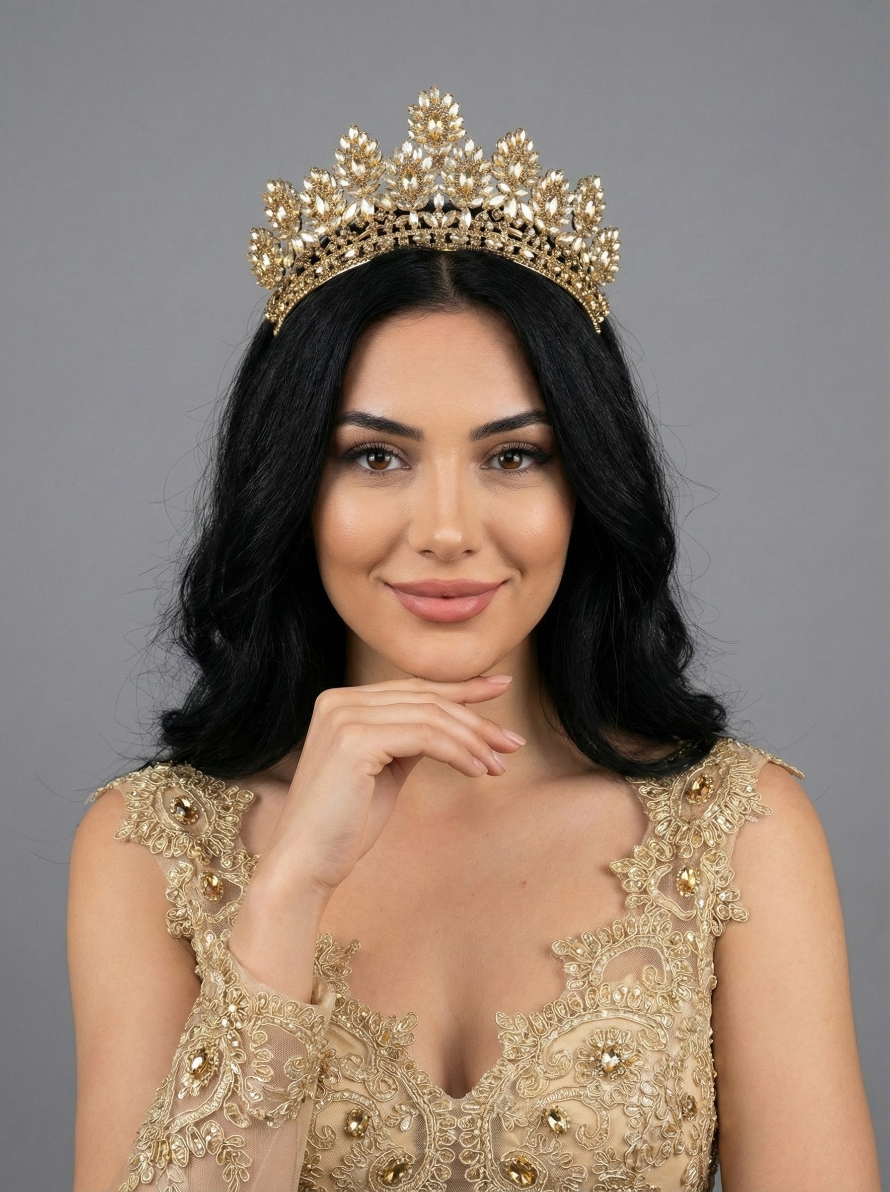 Gold kristal kına ve nişan tacı – taş işlemeli, özel gün tacı