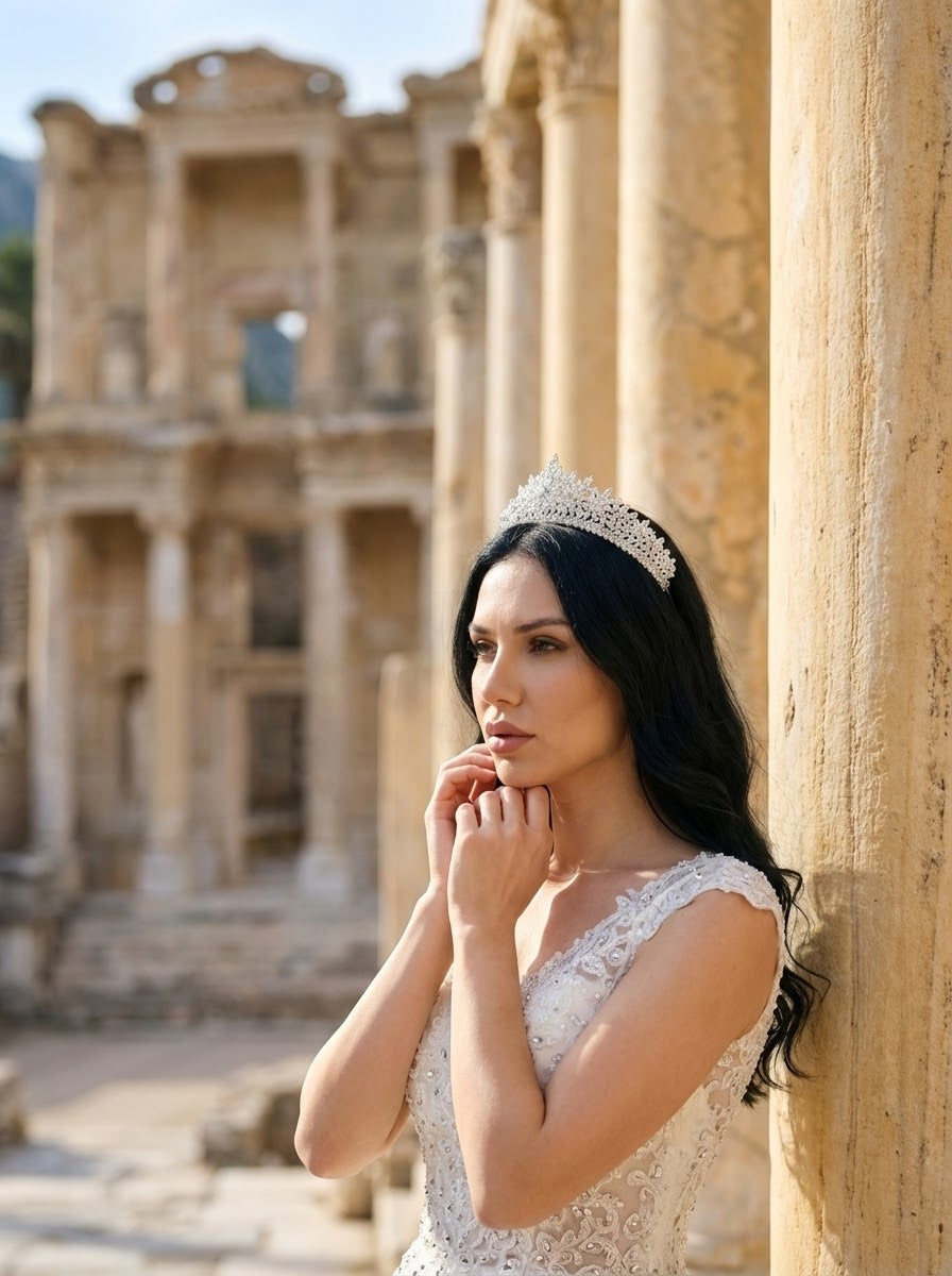 Simetrik Taş İşlemeli Kristal Gelin Tacı – Klasik Kraliyet Stili Taç