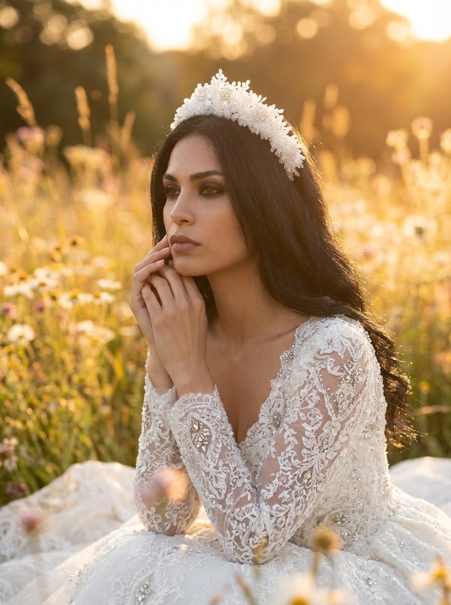 Işıltılı 3D İnci ve Kristal Gelin Tacı – Hacimli El Yapımı Taç