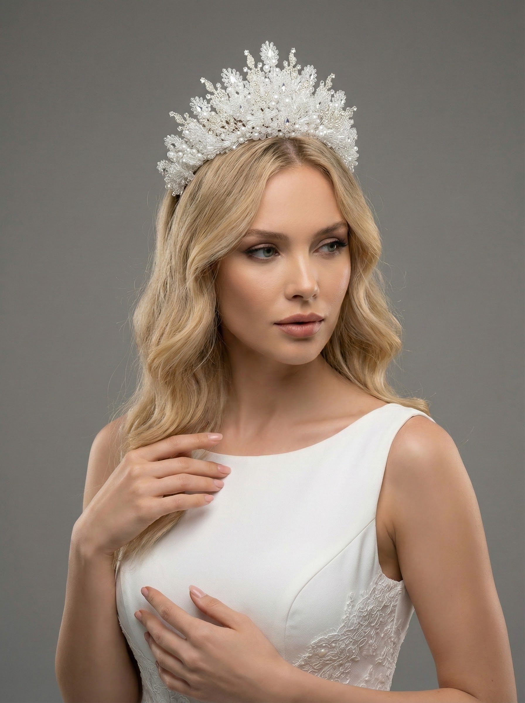 Işıltılı Kristal ve İnci Detaylı El Yapımı Gelin Tacı