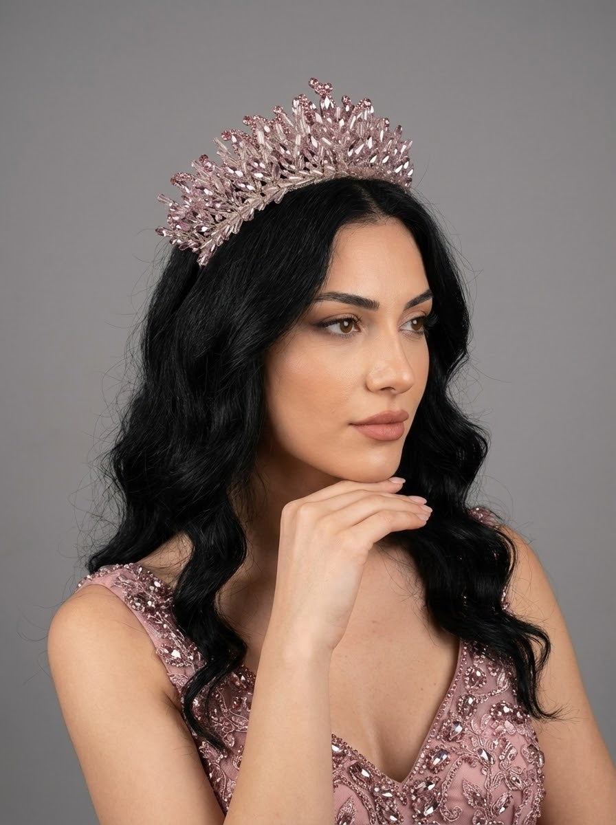 Pembe kristal prenses tacı – taş işlemeli, gelin ve özel gün tacı
