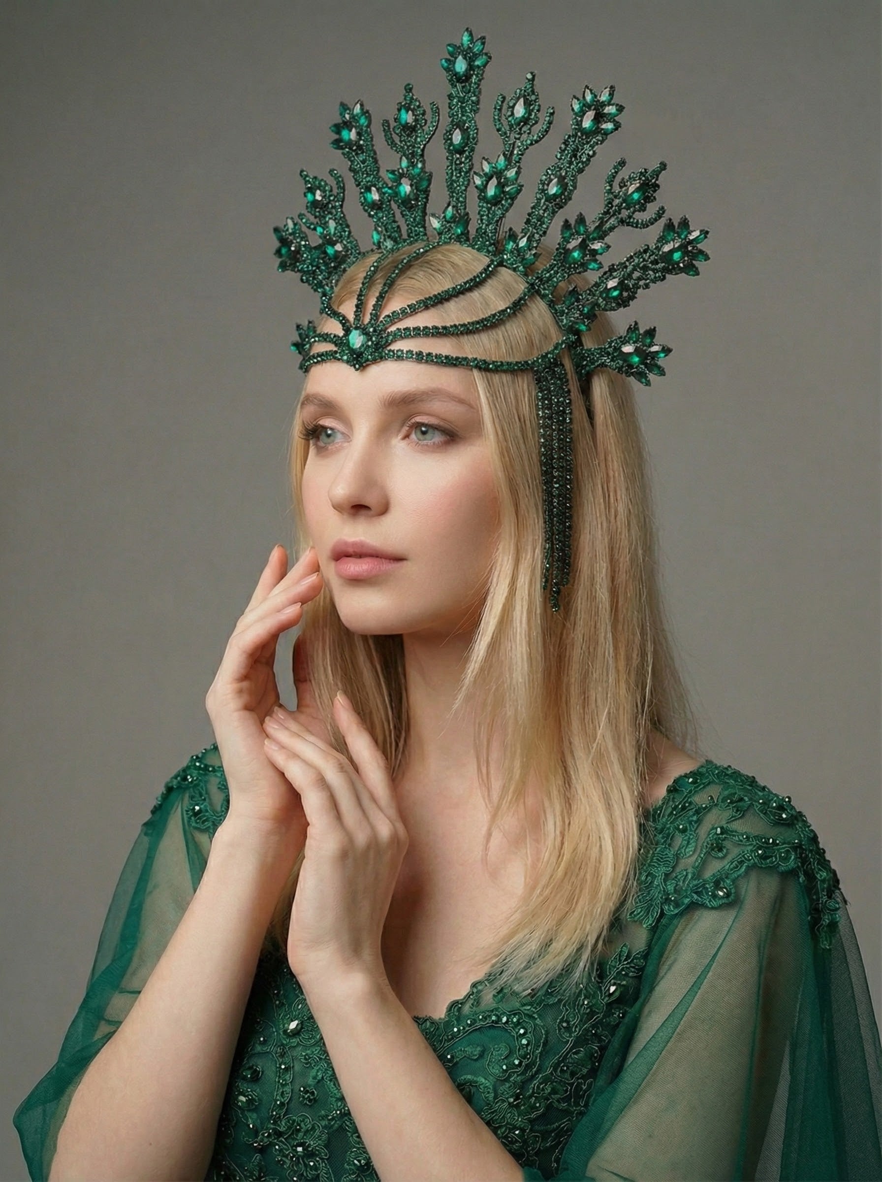 Zümrüt yeşili kristal taşlı el yapımı lüks gelin tacı – gösterişli tasarım, düğün nişan ve özel günler için ışıltılı taç aksesuarı